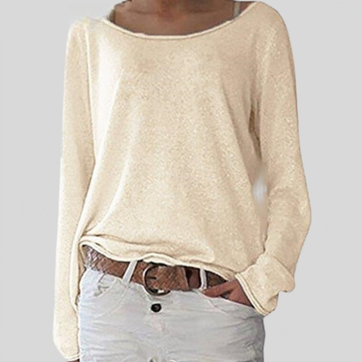Women’s long-sleeve sweater, relaxed fit, light brown solid knit with round neckline