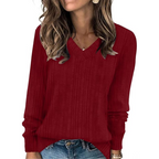 Lightweight V-neck tunic sweater in deep red with long sleeves and ribbed knit detail.