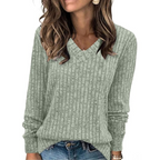 Lightweight V-neck tunic sweater in sage green with long sleeves and ribbed knit texture.