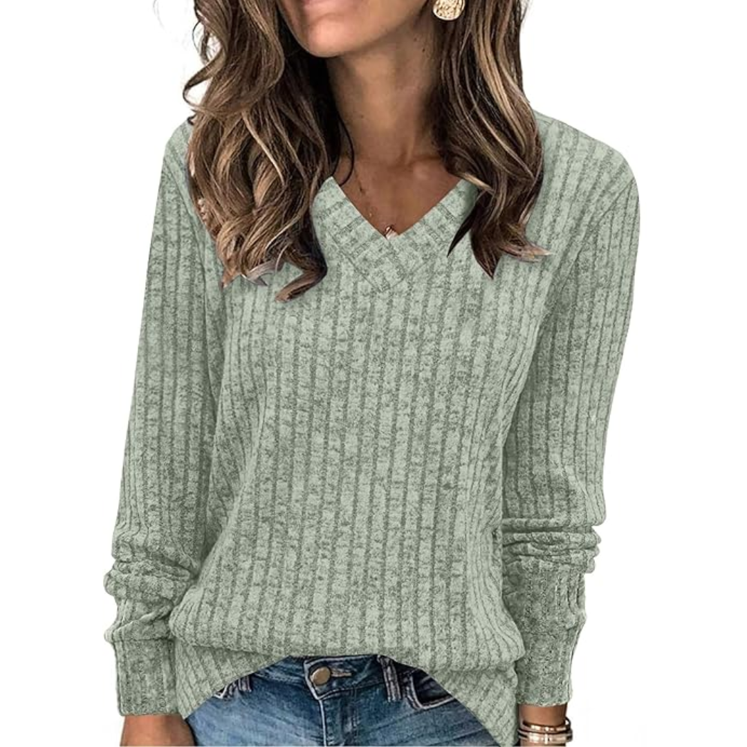 Lightweight V-neck tunic sweater in sage green with long sleeves and ribbed knit texture.