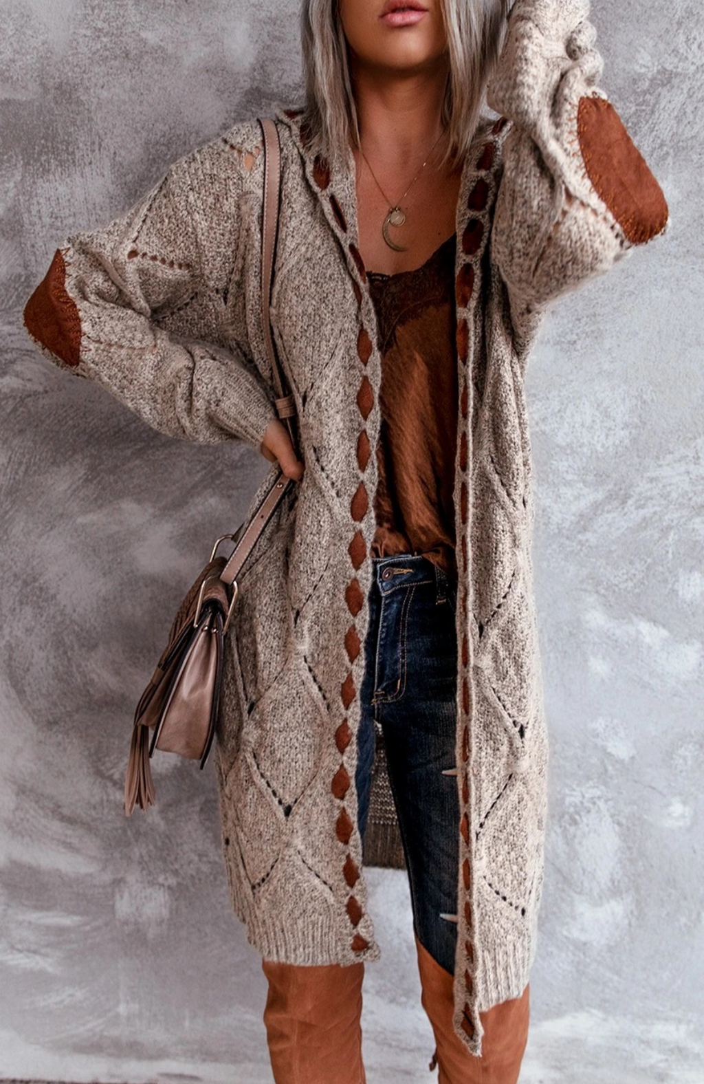 Long hooded knit cardigan with cutout trim, light brown textured knit and open front