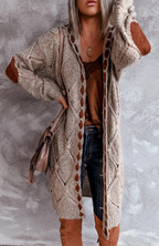 Long hooded knit cardigan with cutout trim, light brown textured knit and open front