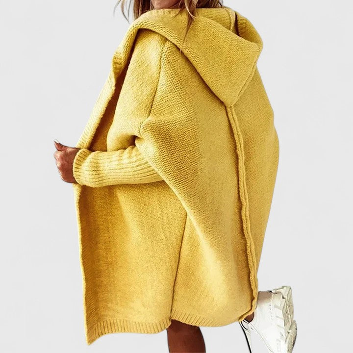 Women’s hooded open-front cardigan, mustard yellow knit with long sleeves and ribbed cuffs