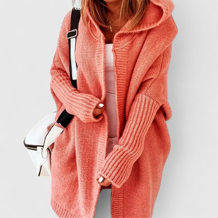 Women’s hooded open-front cardigan, coral knit with long sleeves and ribbed cuffs