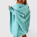 Women’s hooded open-front cardigan, teal knit with long sleeves and ribbed cuffs