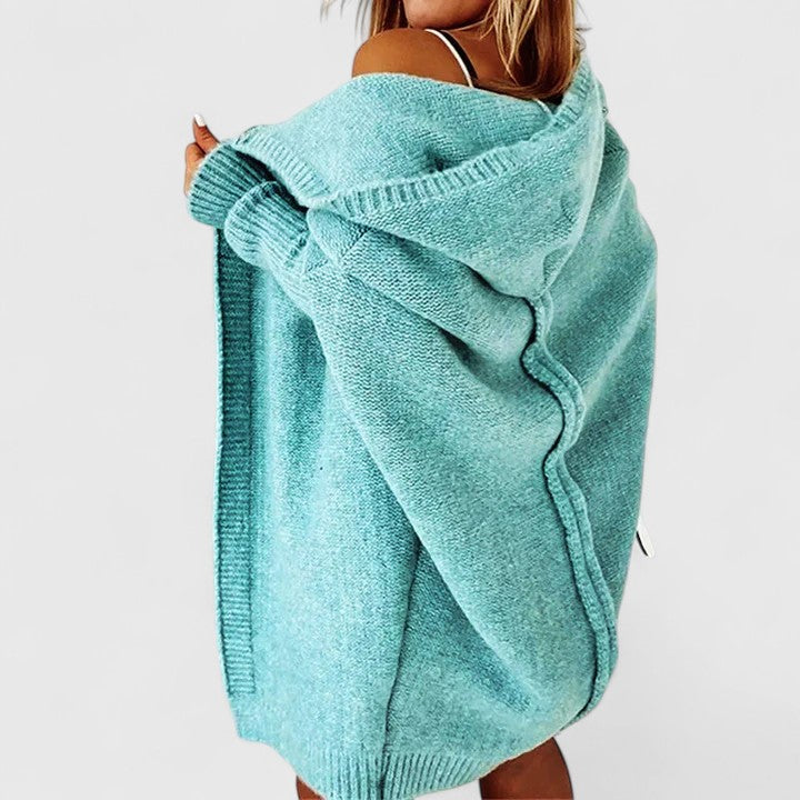 Women’s hooded open-front cardigan, teal knit with long sleeves and ribbed cuffs
