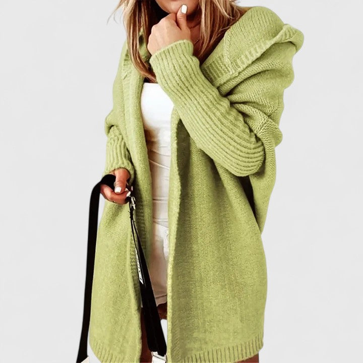 Women’s hooded open-front cardigan, light green knit with long sleeves and ribbed cuffs
