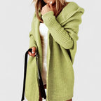 Women’s hooded open-front cardigan, light green knit with long sleeves and ribbed cuffs