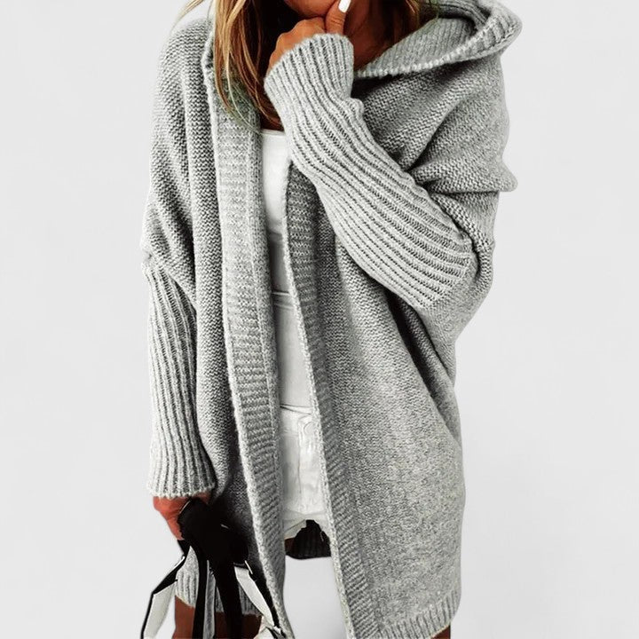 Women’s hooded open-front cardigan, heather gray knit with long sleeves and ribbed cuffs