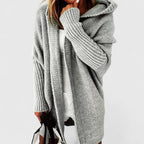 Women’s hooded open-front cardigan, heather gray knit with long sleeves and ribbed cuffs