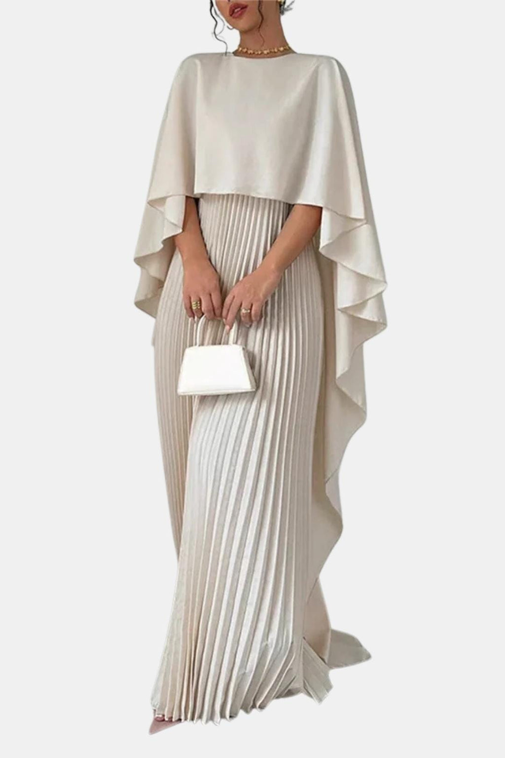Milky white maxi dress with high neck, pleated chiffon skirt and draped cape sleeves