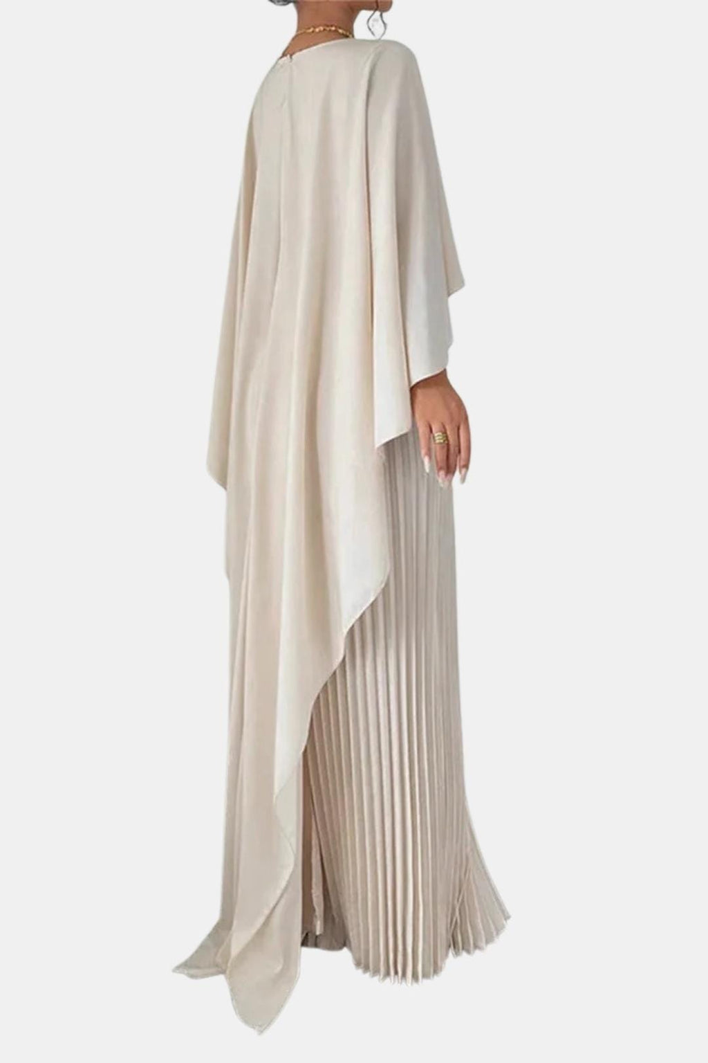 Milky white pleated maxi dress, high neck with flowing cape back drape