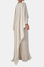 Milky white pleated maxi dress, high neck with flowing cape back drape
