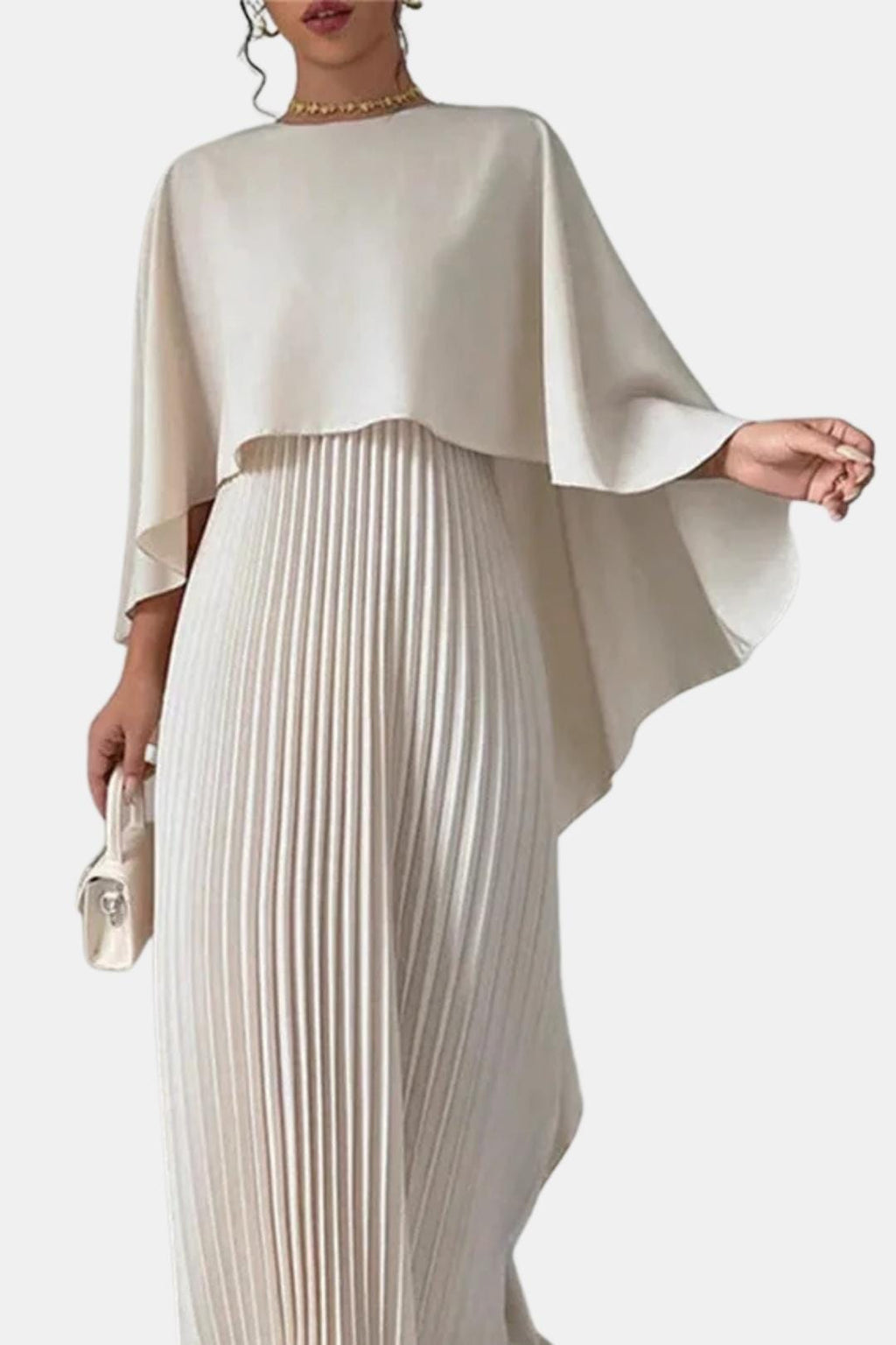 Milky white high-neck maxi dress with pleated bodice panel and layered cape sleeves