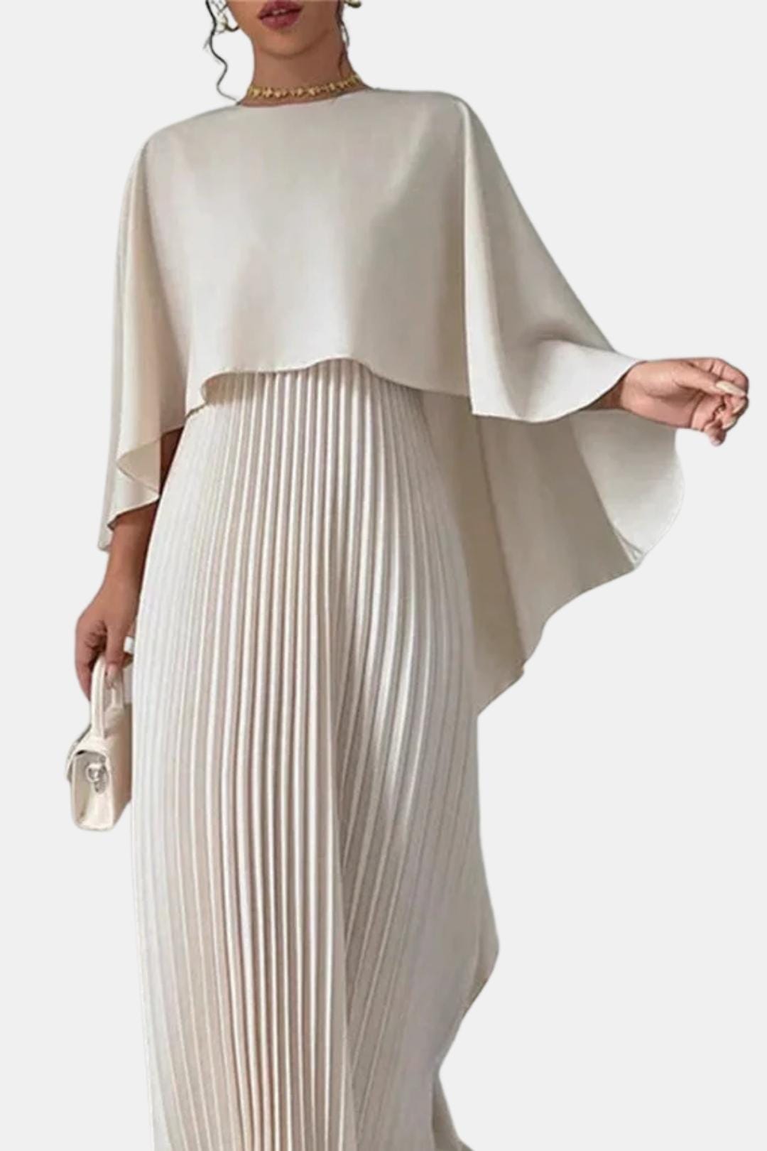 Milky white high-neck maxi dress with pleated bodice panel and layered cape sleeves