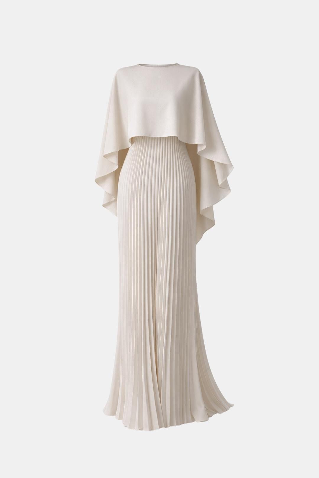 Milky white maxi dress back view with high neck and pleated long skirt with drape