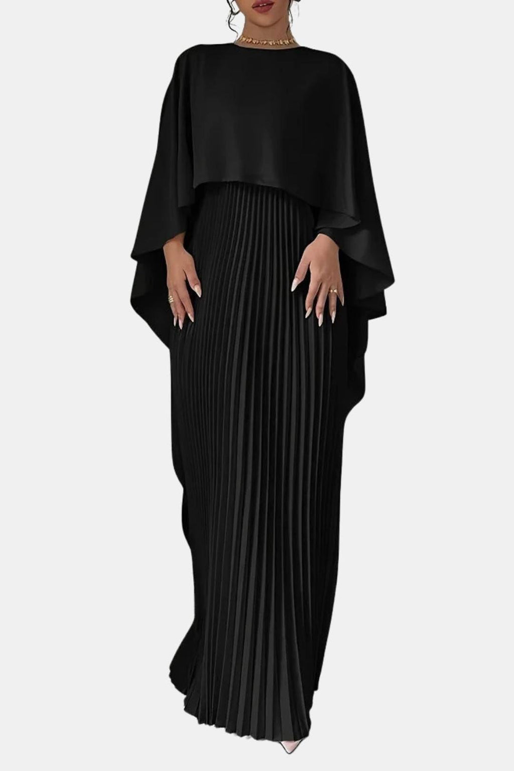 Black maxi dress with high neck, pleated chiffon skirt and draped cape sleeves