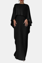 Black maxi dress with high neck, pleated chiffon skirt and draped cape sleeves