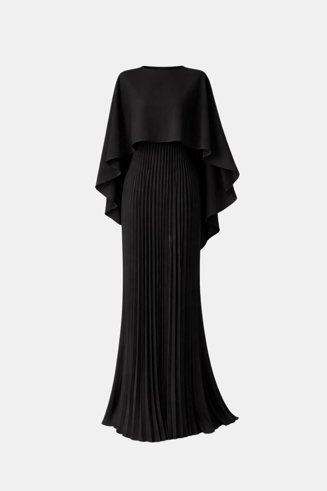 Black maxi dress back view with high neck and pleated long skirt under cape overlay