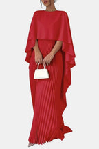 Red maxi dress with high neck, pleated chiffon skirt and draped cape sleeves