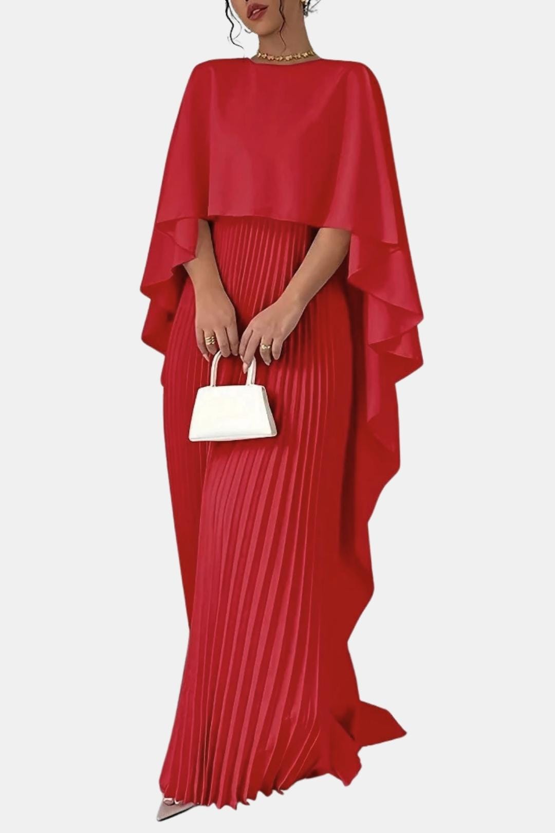 Red maxi dress with high neck, pleated chiffon skirt and draped cape sleeves