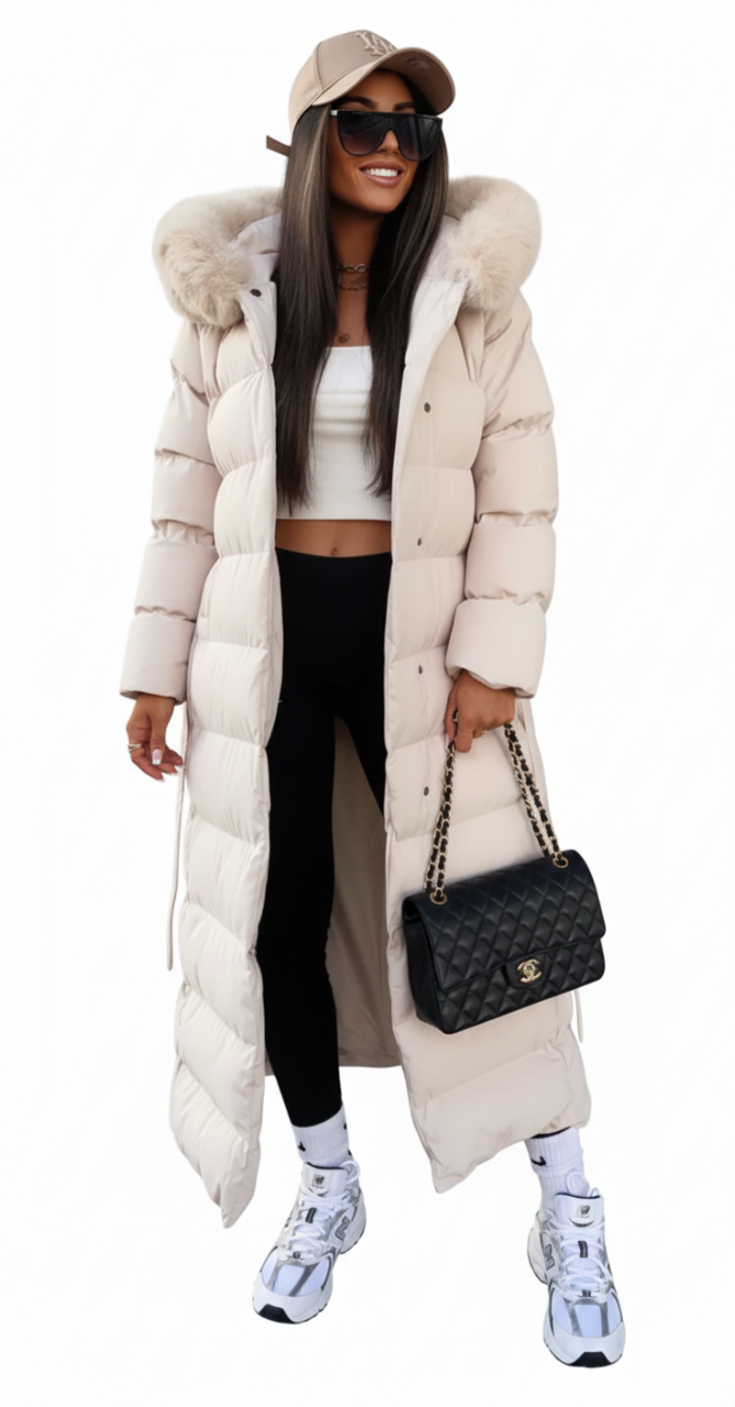 Long ivory puffer coat with faux fur-trimmed hood and quilted belt