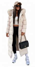 Long ivory puffer coat with faux fur-trimmed hood and quilted belt