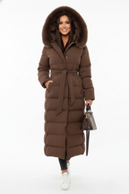 Long brown puffer coat with oversized faux fur hood and tied waist belt