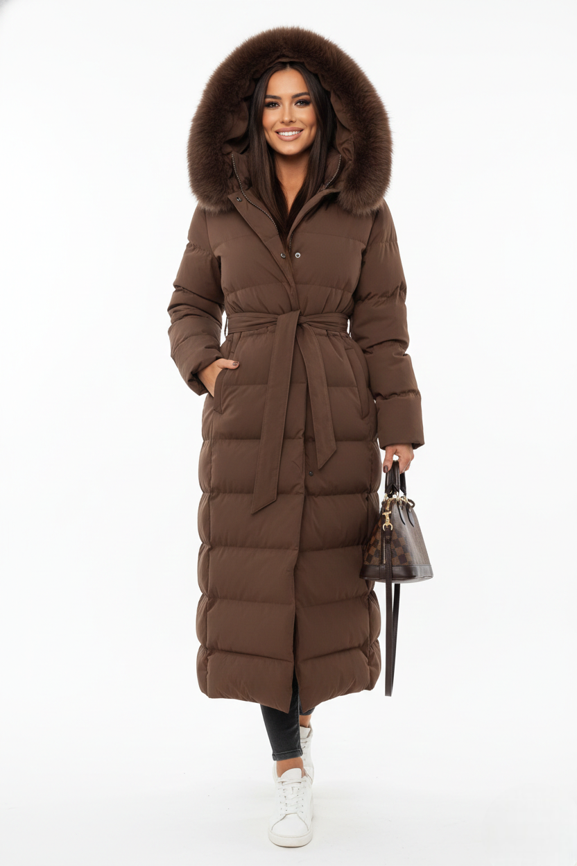 Long brown puffer coat with oversized faux fur hood and tied waist belt