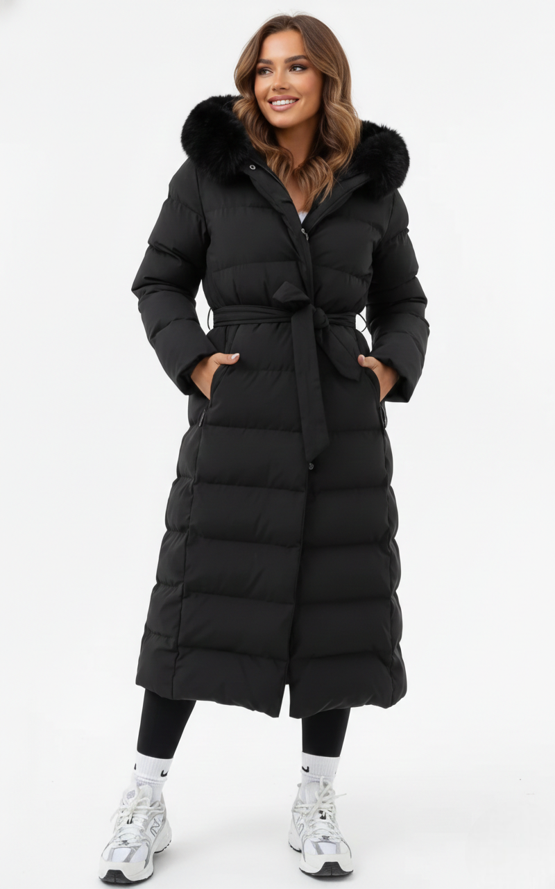 Long black belted puffer coat with faux fur-trimmed collar
