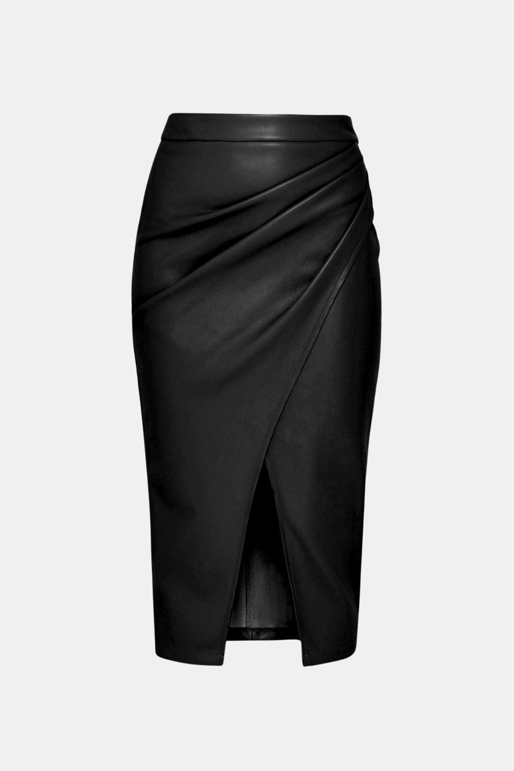 Black faux leather midi skirt with wrap-style pleats and front slit