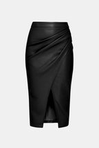 Black faux leather midi skirt with wrap-style pleats and front slit
