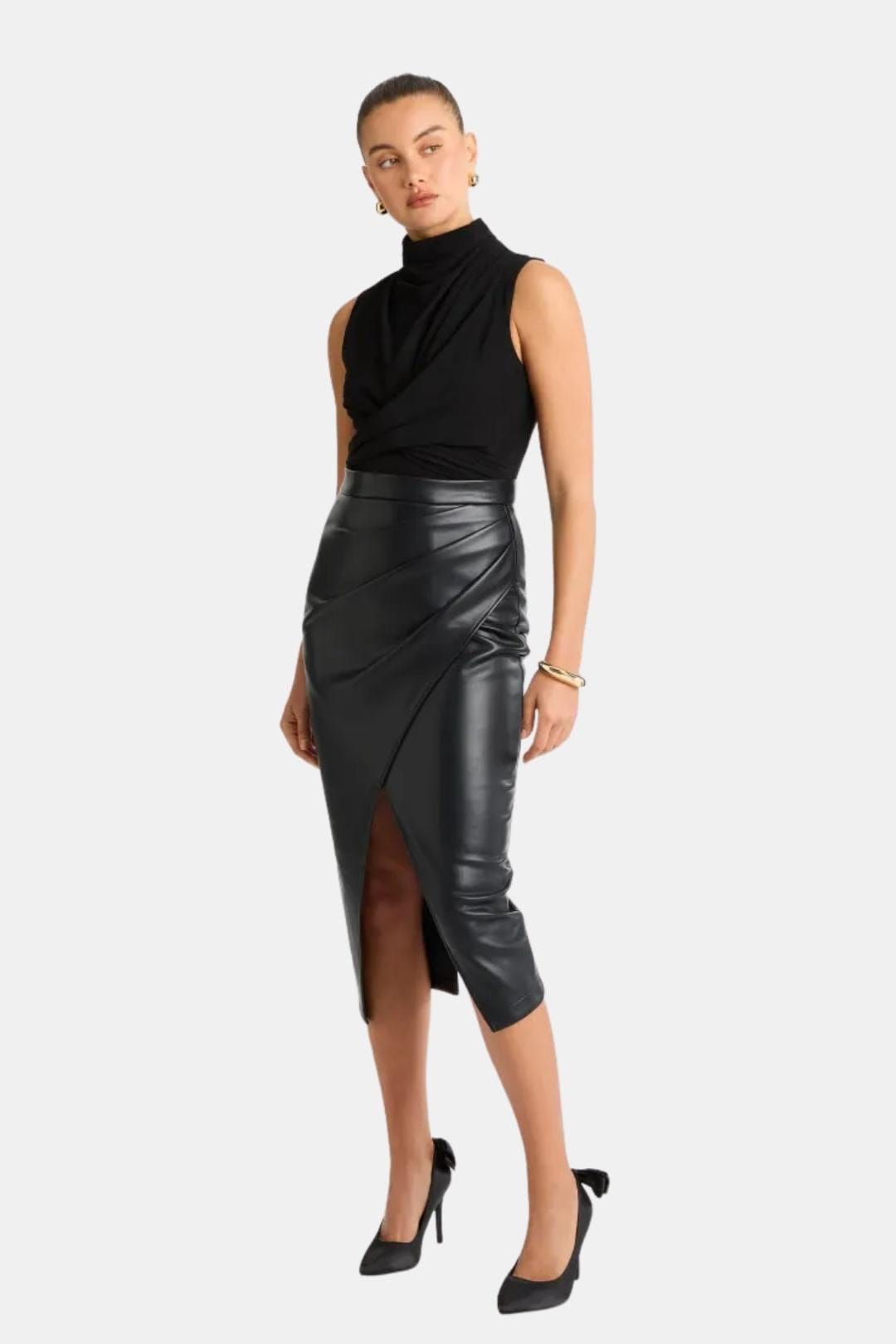 Black faux leather midi skirt with front split and wrap-style pleats