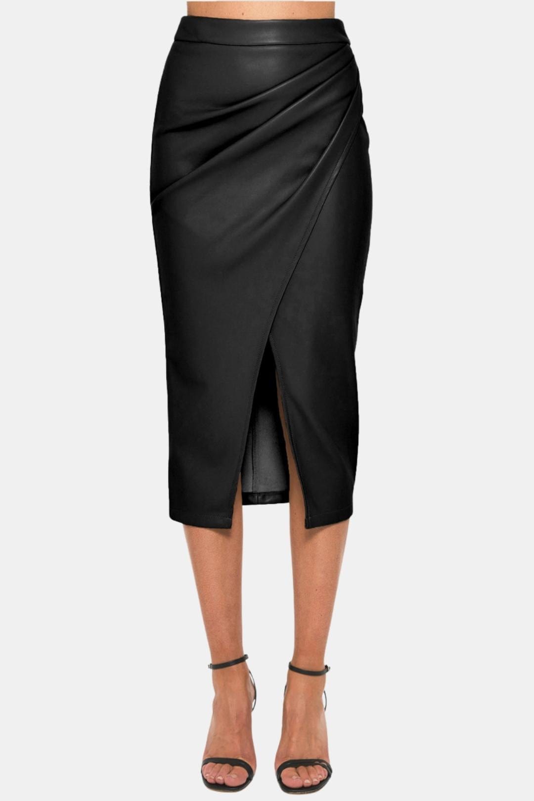Black faux leather midi skirt with diagonal pleated wrap panel and front slit