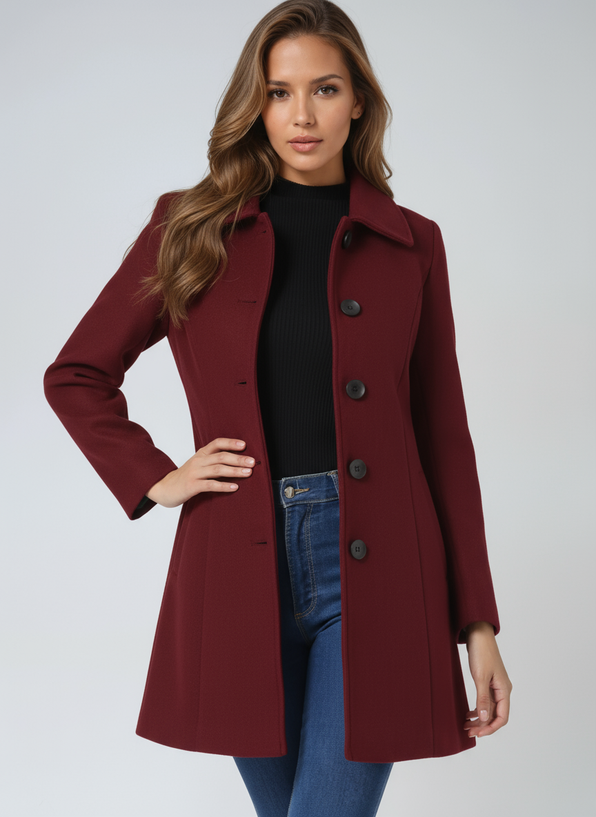 Burgundy single-breasted winter trench coat with notched lapels and dark buttons