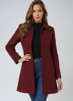 Burgundy single-breasted winter trench coat with notched lapels and dark buttons