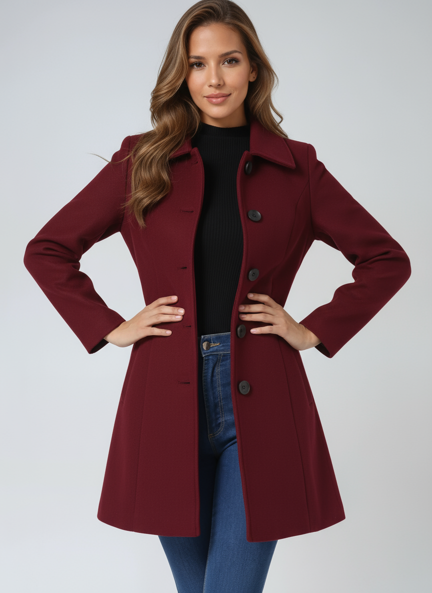 Dark red single-breasted winter trench coat with notched lapels and button fastening