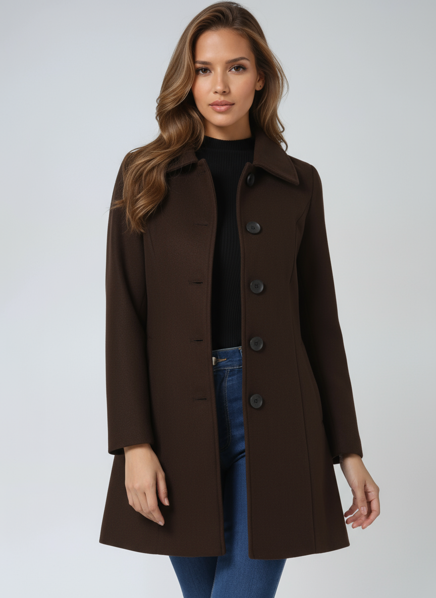 Brown single-breasted winter trench coat with notched lapels and button closure