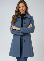 Blue single-breasted winter trench coat with notched lapels and buttoned placket