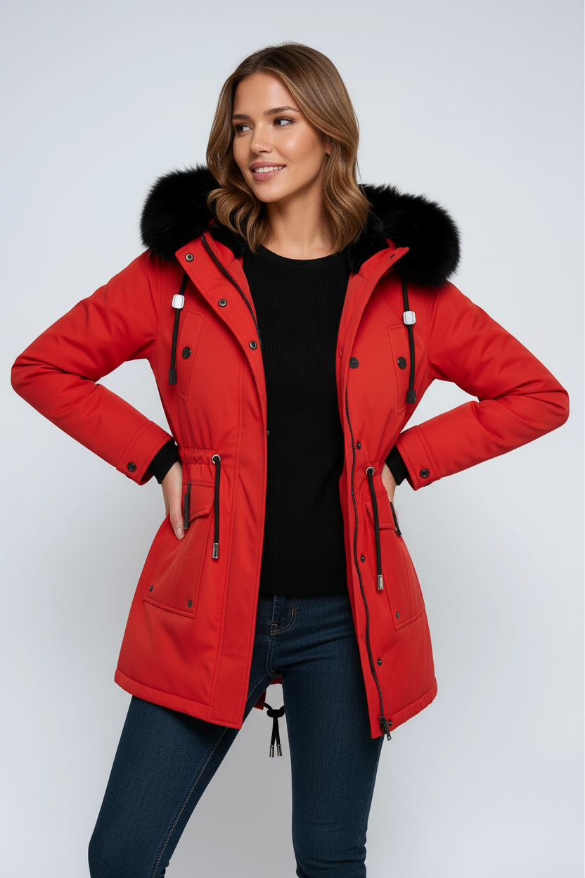 Women’s parka coat with faux fur hood in red, snap front, drawcord and flap utility pockets