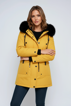 Women’s parka coat with faux fur hood in gold, snap buttons and drawcord utility pockets