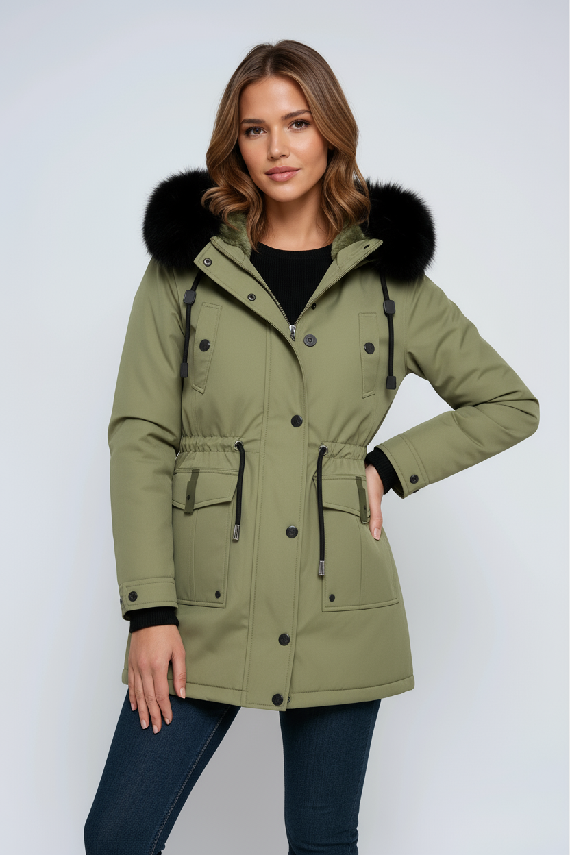 Women’s parka coat with faux fur hood in olive green, hood drawcord and front button pockets