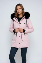 Women’s parka coat with faux fur hood in light pink, snap front and drawcord waist