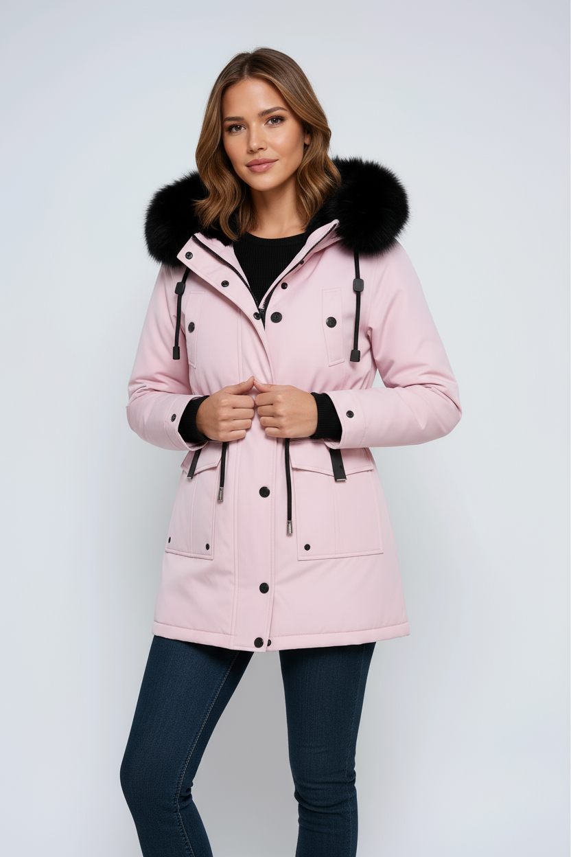 Women’s parka coat with faux fur hood in light pink, snap front and drawcord waist