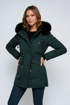 Women’s parka coat with faux fur hood, dark green color, snap buttons and front pockets