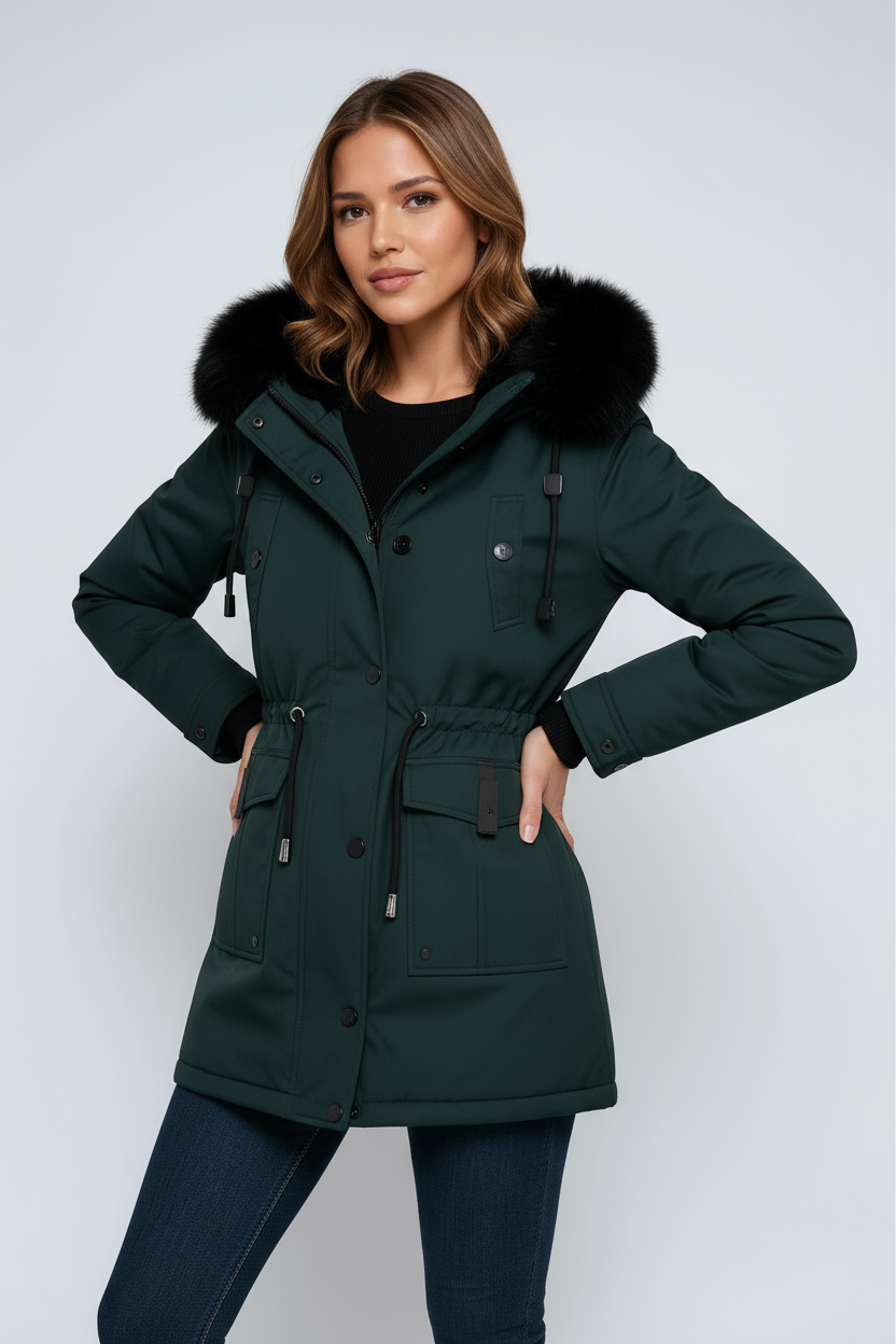 Women’s parka coat with faux fur hood, dark green color, snap buttons and front pockets