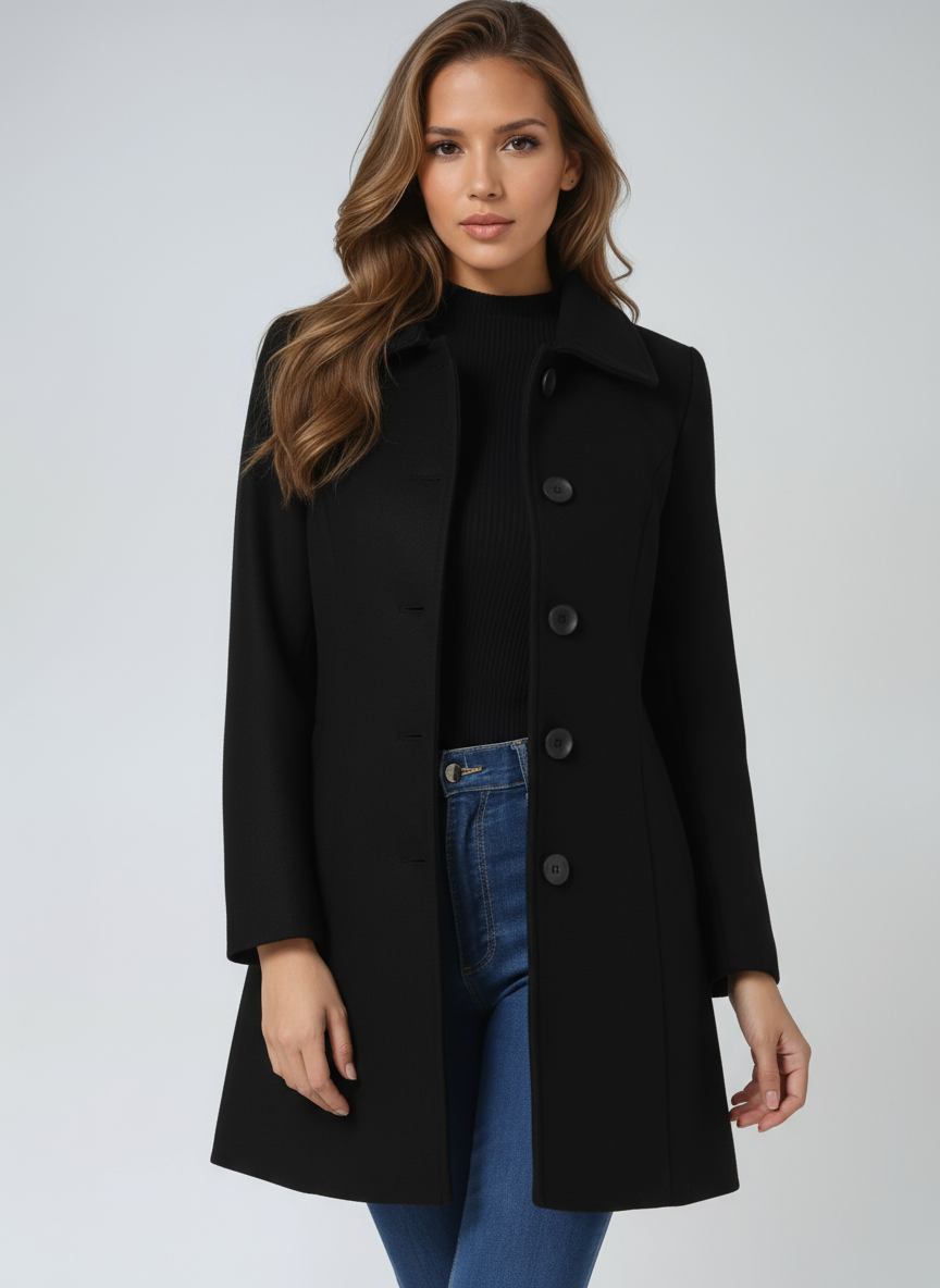 Black single-breasted winter trench coat with notched lapels and dark button front