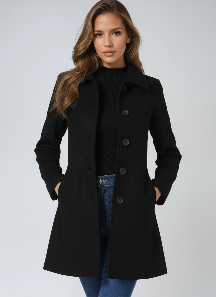 Black single-breasted winter trench coat with notched lapels and matte dark buttons