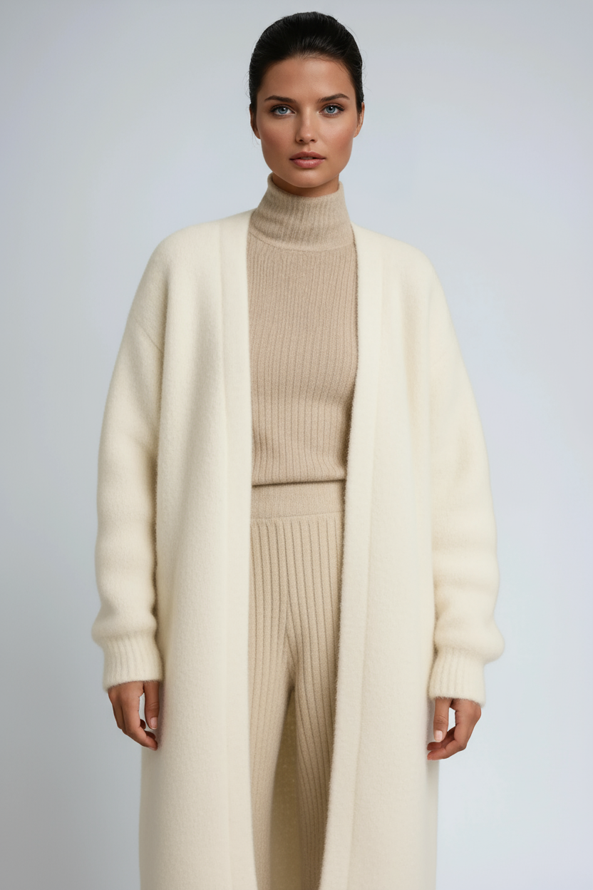Long open-front cardigan coat in cream with ribbed turtleneck-style knit