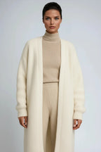 Ivory longline open-front cardigan sweater with ribbed cuffs and straight hem